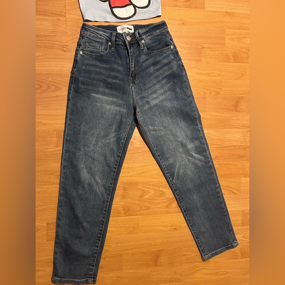 Fashion Nova Dark Blue Boyfriend Jeans with Hello Kitty Crop Tank Top - Picture 6 of 6
